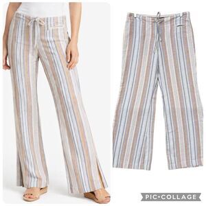 Y2K Express Linen Striped Lo Rise Bootcut Pants Side Slit Drawstring Coastal 5/6